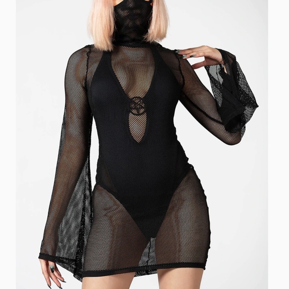Killstar Neo-Nyx Masked Fishnet Long Sleeve Black Dress XXL NEW! - Picture 2 of 5